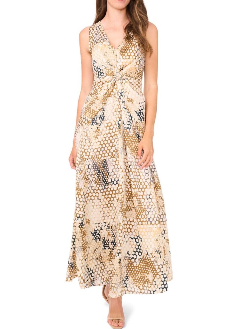 1.State Womens Sleeveless Polka Dot Maxi Dress With Knot Detail Brown & Taupe Si